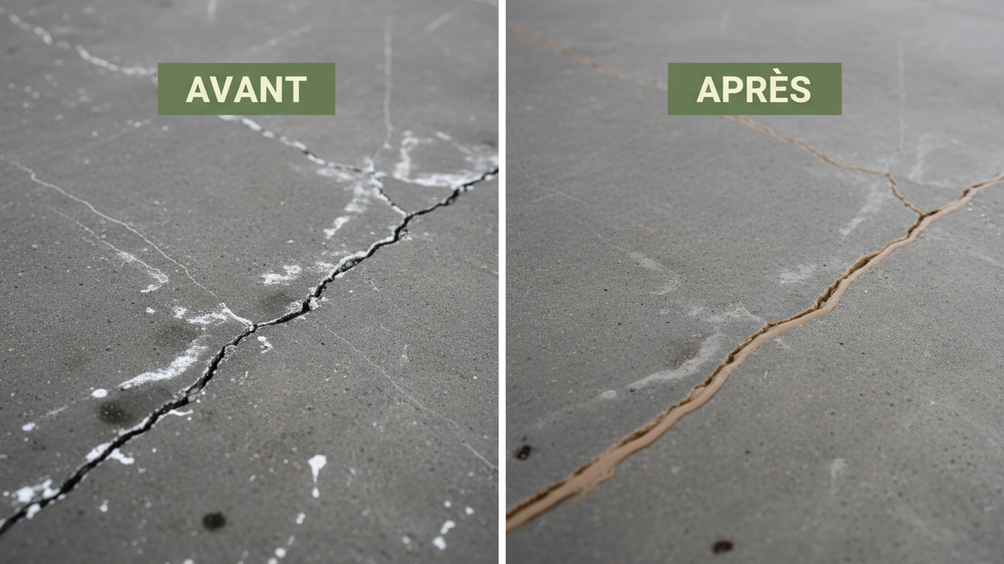 Comparaison avant-après d'une dalle de béton fissurée et scellée au Québec