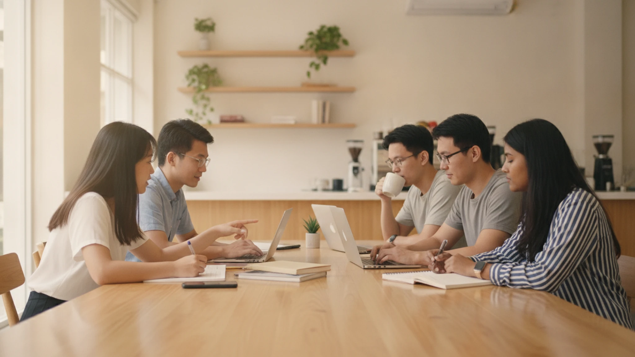 Part-time Singapore students discussing discursive essay questions