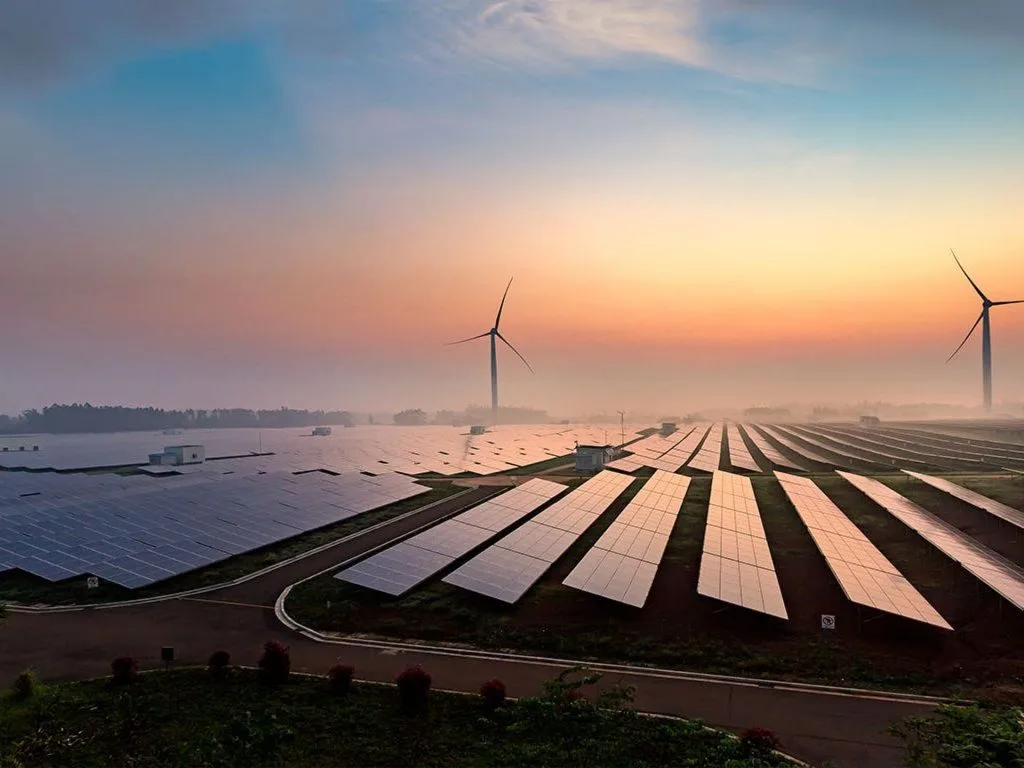 Solar farm and wind turbines