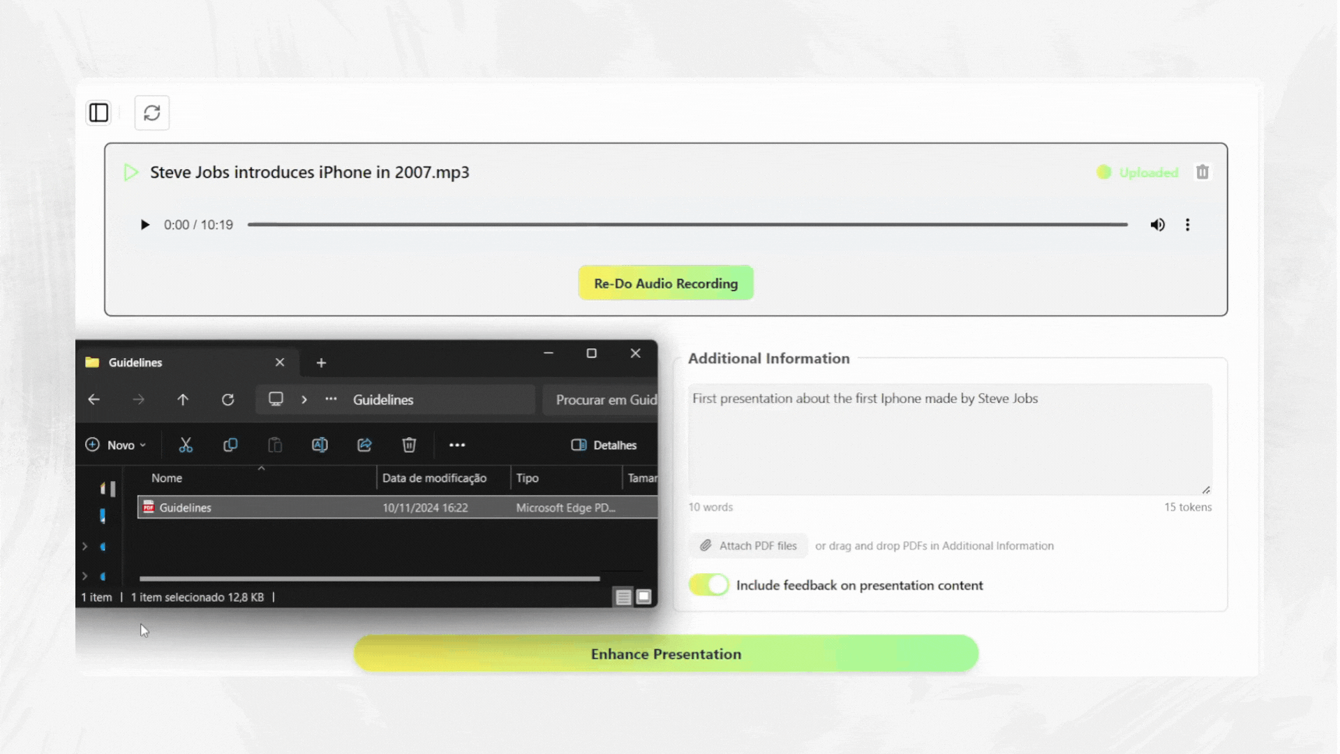 Uploading and analyzing presentation guidelines