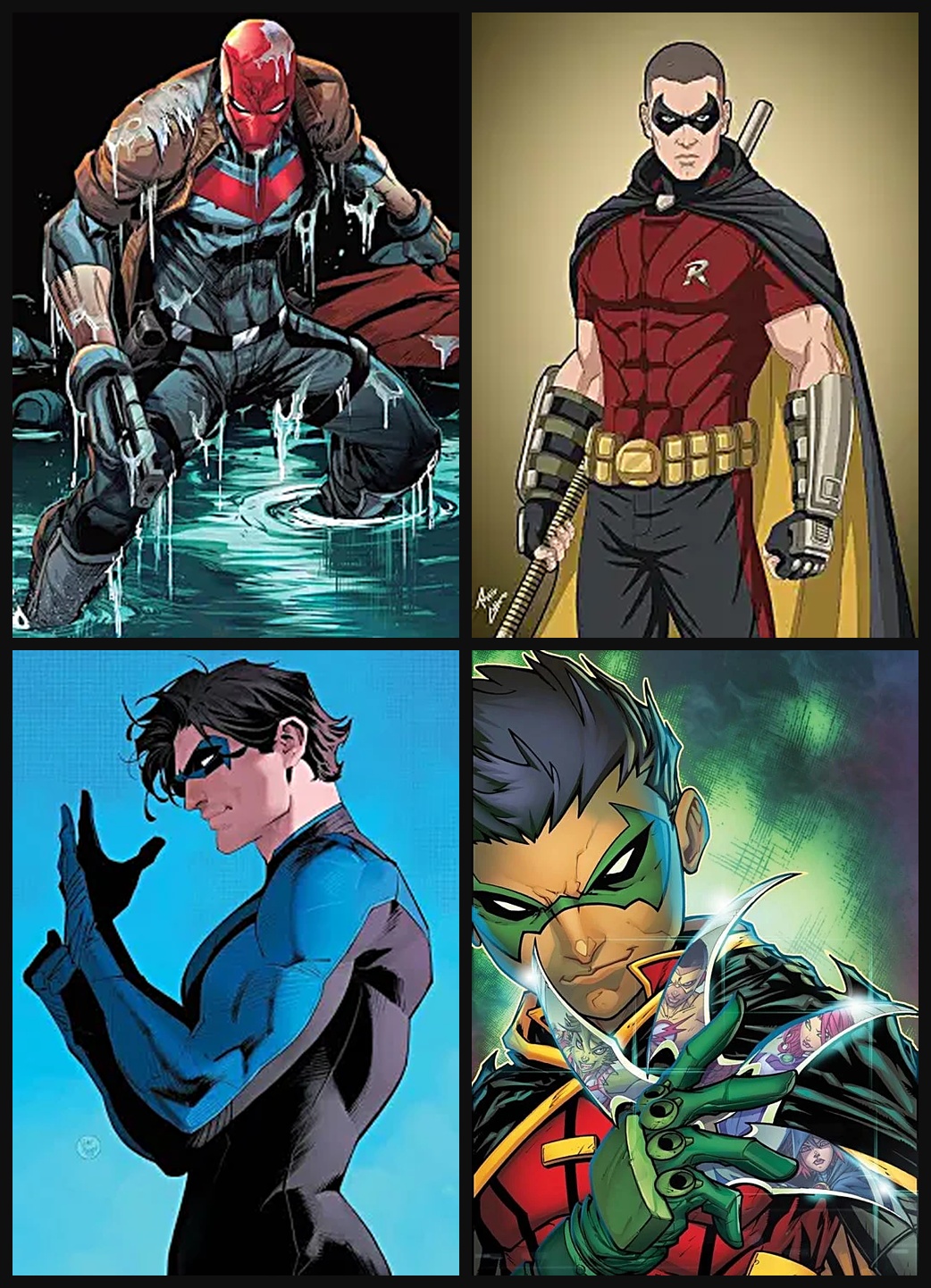 Jason Todd (red hood), Tim Drake, dick Grayson (Nightwing), Damian Wayne (Robin) — The Four Young Shadows of the Dark Knight