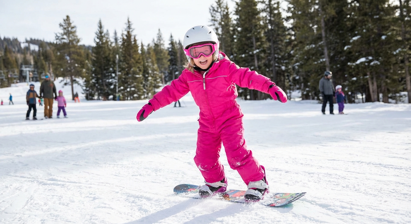 girl in all pink snowboarding