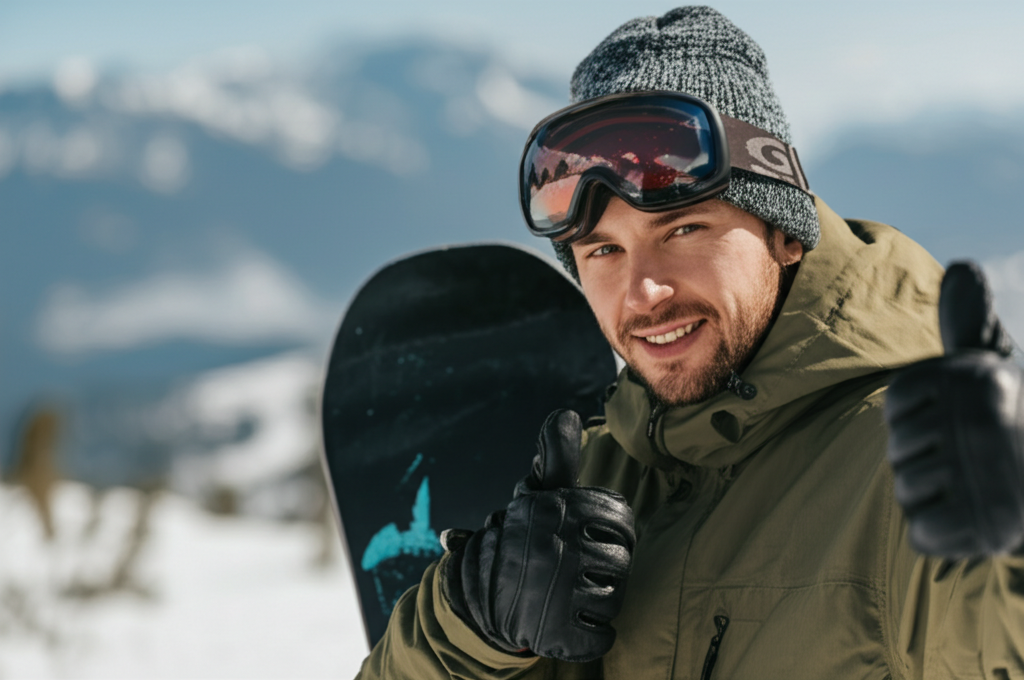 best snowboard beanies - A snowboarder giving a thumbs-up while wearing a c