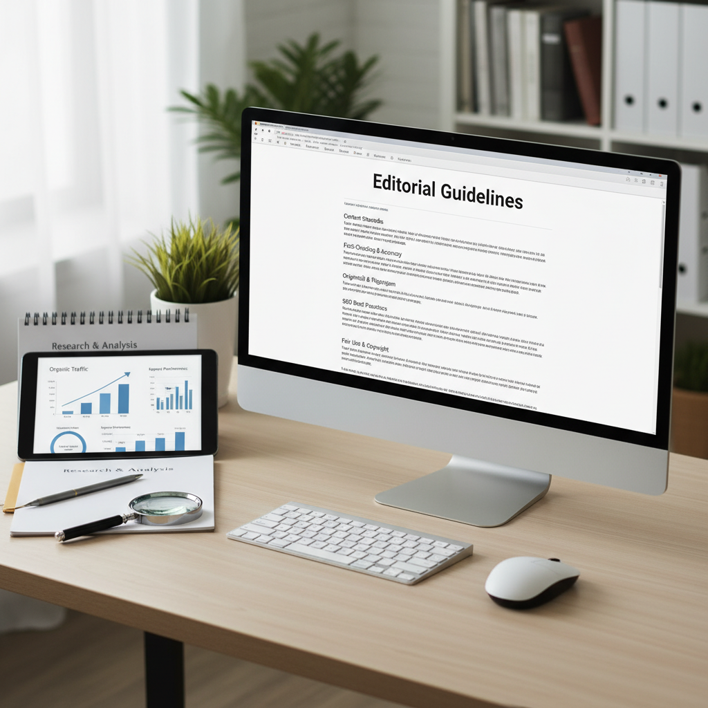 Editorial Guidelines - A professional workstation showing a digital document titled Editorial Guidelines next to a magnif