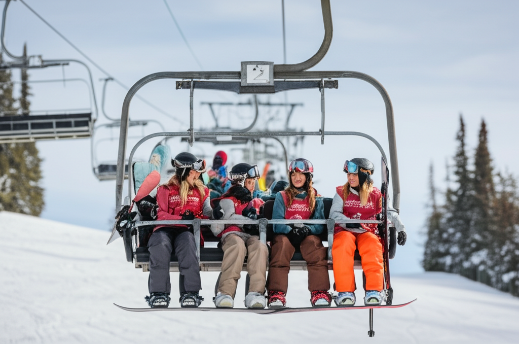 best female snowboarders of all time - A group of female snowboarders laughing and chatti