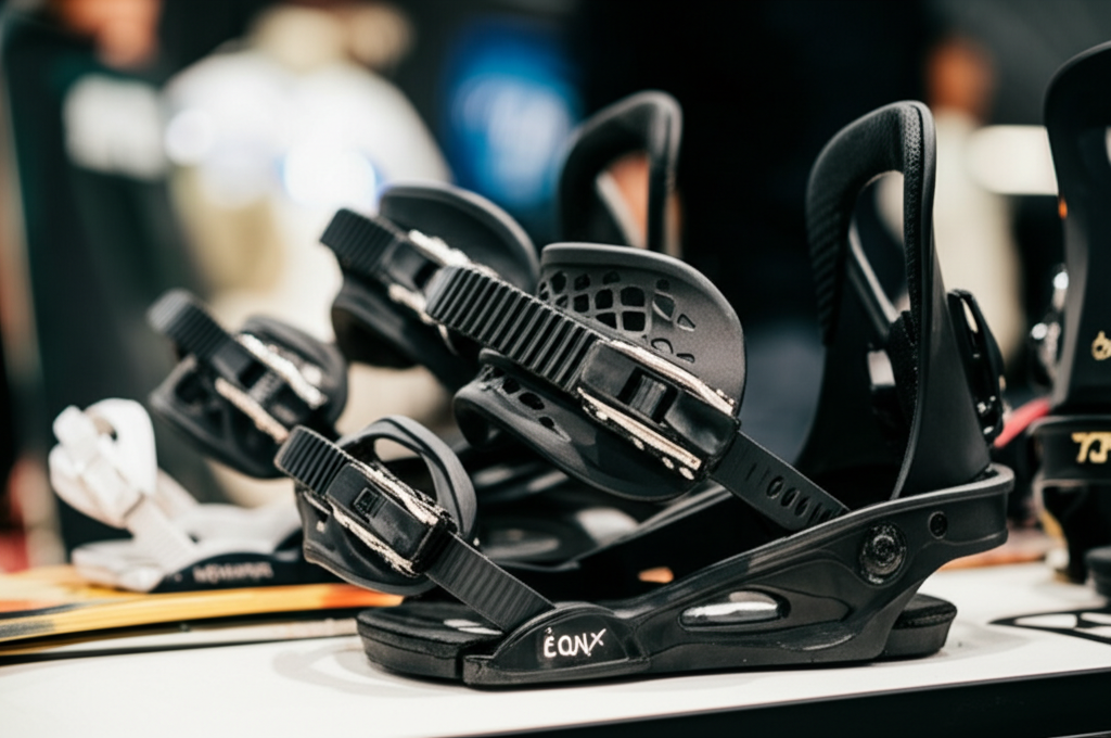 when is the best time to buy a snowboard - A close-up of various snowboard bindings showing d