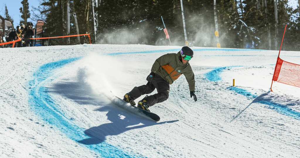 best banked slalom snowboard - A snowboarder carving hard through a banked turn o