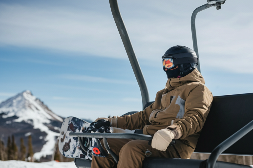 best snowboarding in new mexico - Image description: A snowboarder wearing a helmet 