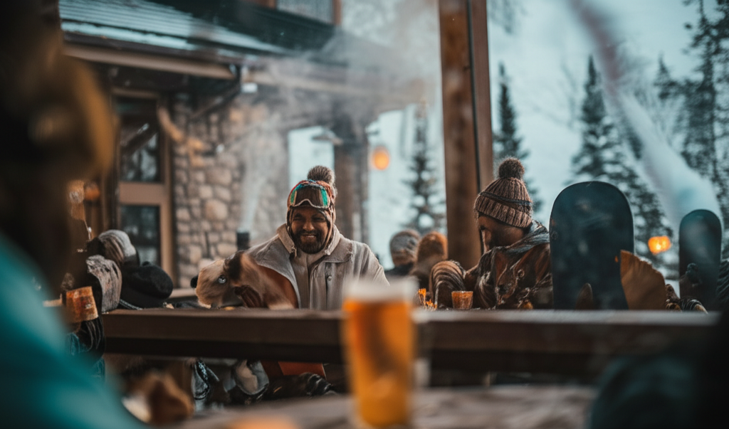 best snowboarding in minnesota - A group of snowboarders enjoying après-ski drinks 