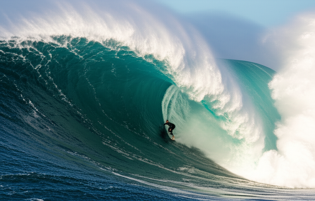 maverick surf - A surfer rides the face of a huge wave at Mavericks showcasing the scale and difficulty of the bre