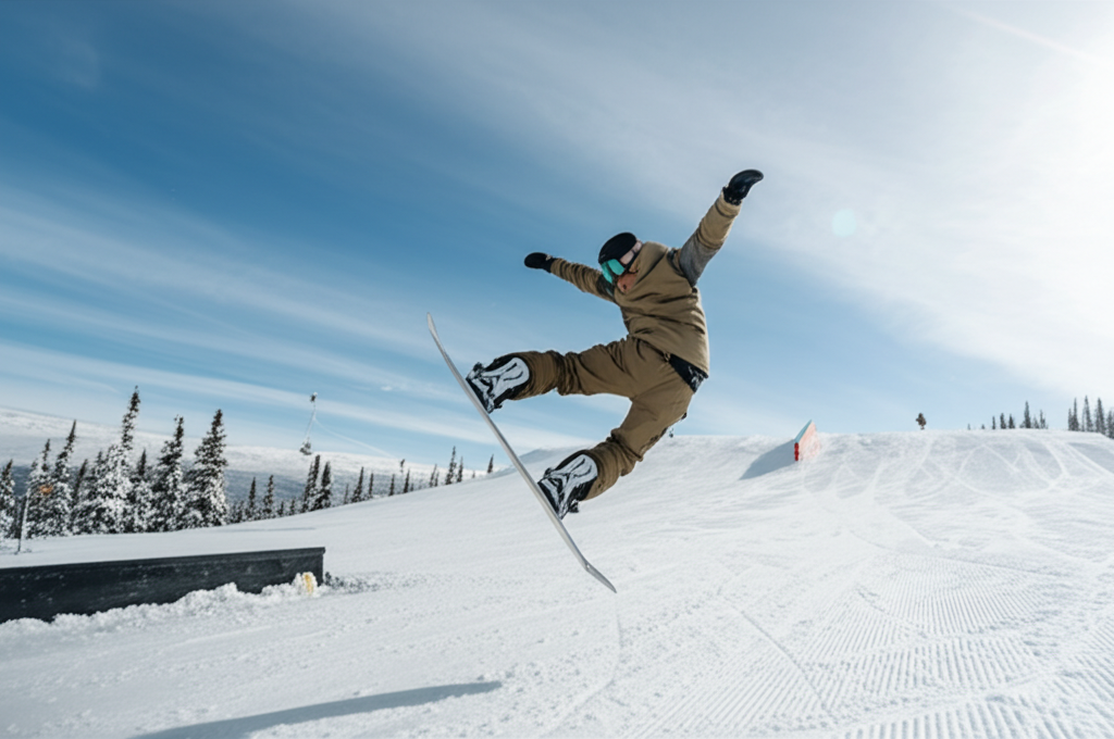 best snowboard for buttering - Image description: Snowboarder performing a tail p