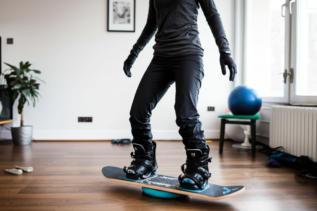 best exercises for snowboarding - A person using a balance board indoors to improve 