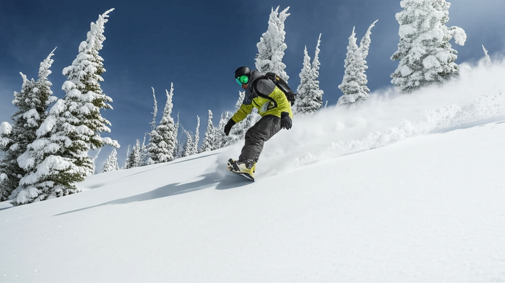 best snowboard base cleaner - A snowboarder riding down a slope with fresh powde