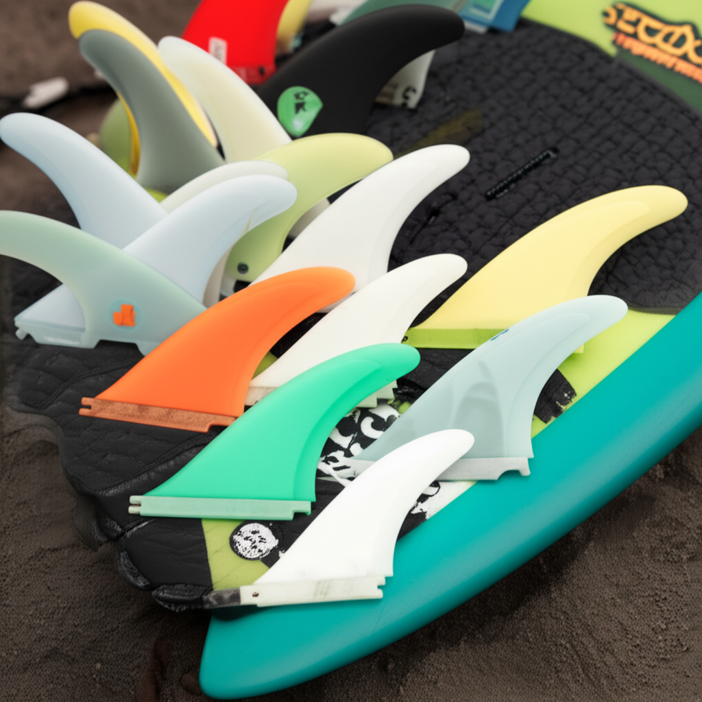 surfboard - Different types of surfboard fins lined up showcasing the variety of shapes and sizes