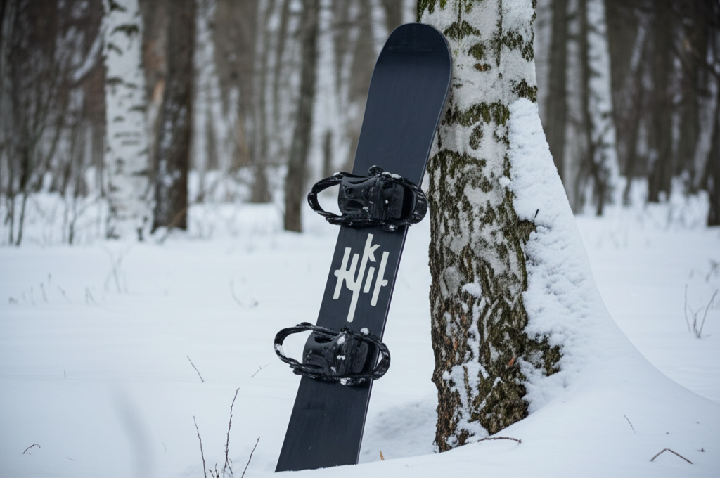 best snowboard under 300 - A snowboard leaning against a snowy tree, symboliz