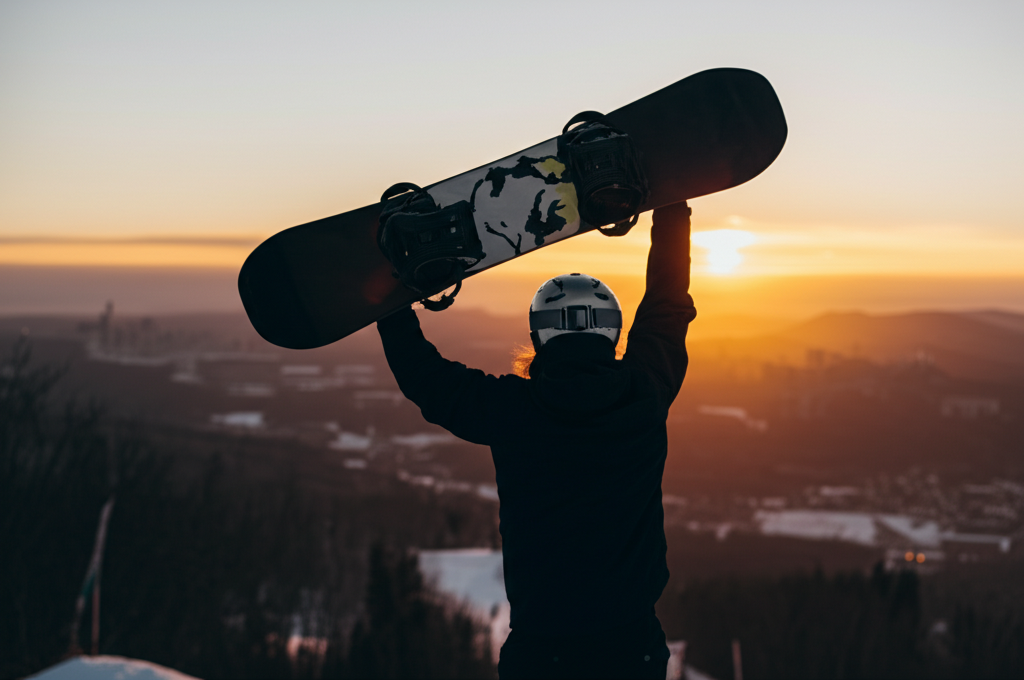 best snowboarding in virginia - A snowboarder silhouetted against a vibrant sunset