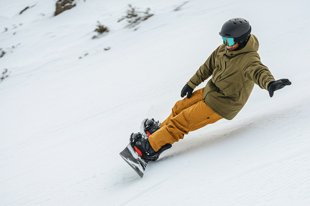 best stretches for snowboarding - A snowboarder smiling while carving down a mountai