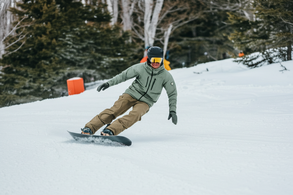 best snowboarding in vermont - Image description: A snowboarder wearing a helmet 