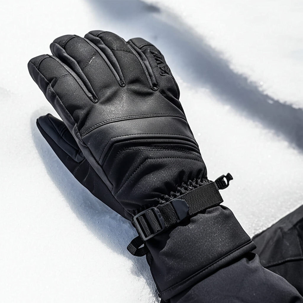 best snowboarding gloves with wrist guards - A close-up shot of a snowboarding glove with reinf