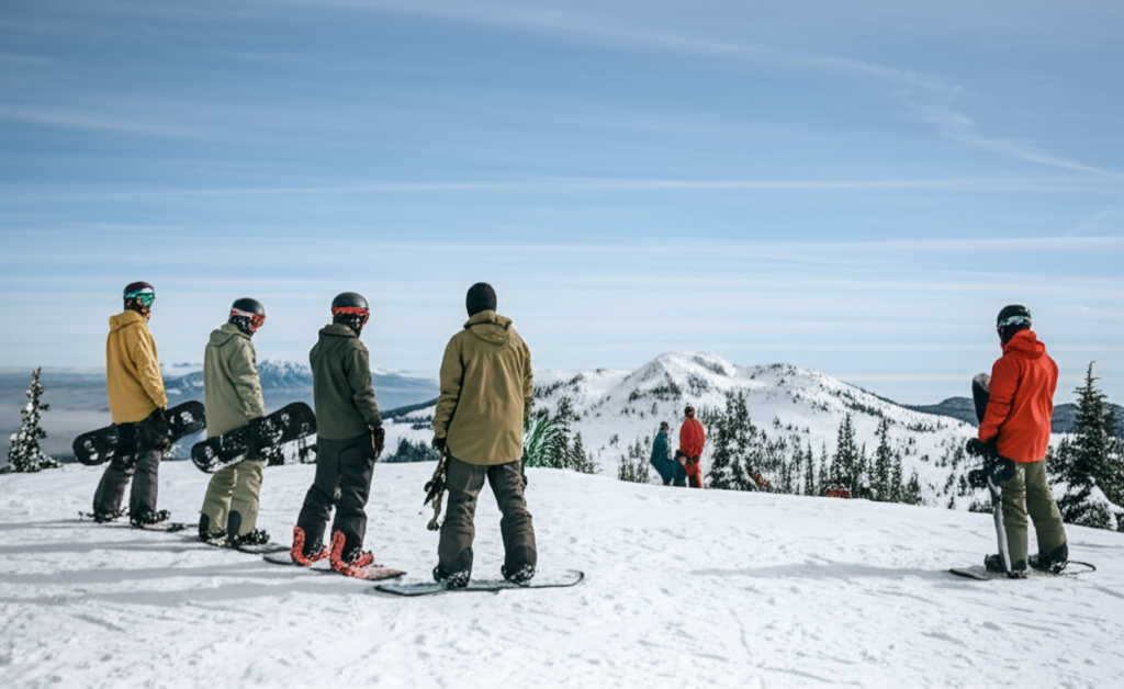 best snowboarding in oregon - A group of snowboarders standing at the summit of 