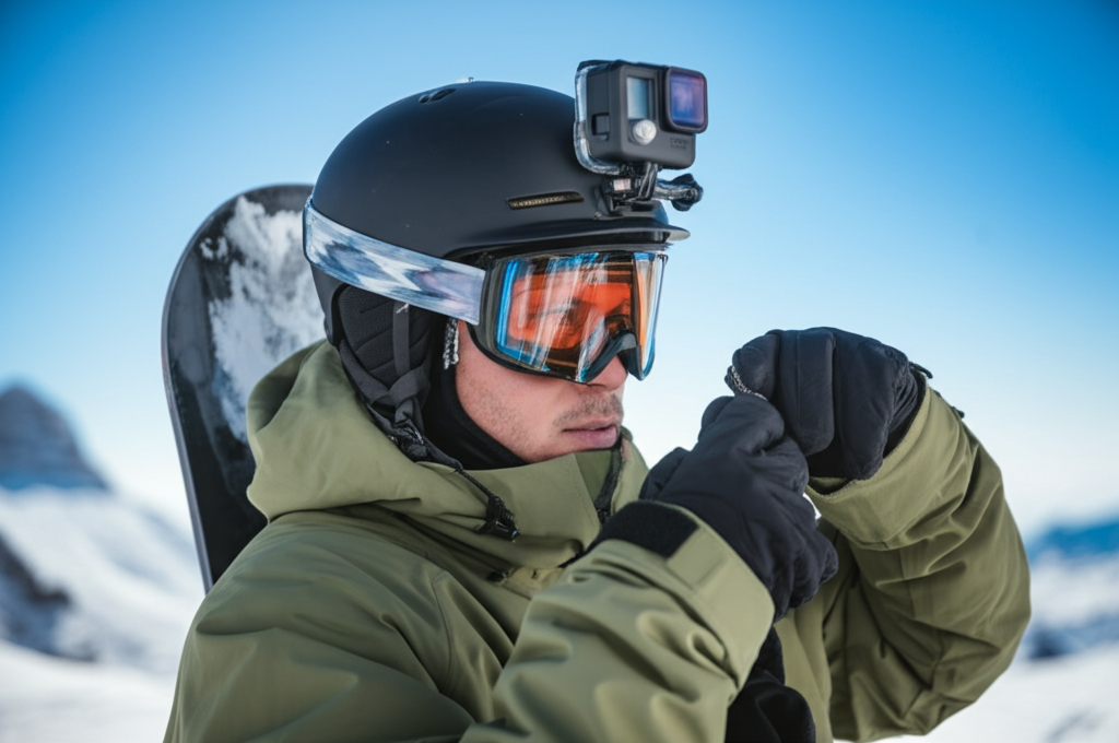 best camera for snowboarding - A snowboarder setting up a GoPro action camera on 