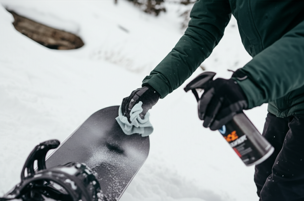 best snowboard base cleaner - Image of a person cleaning their snowboard base wi