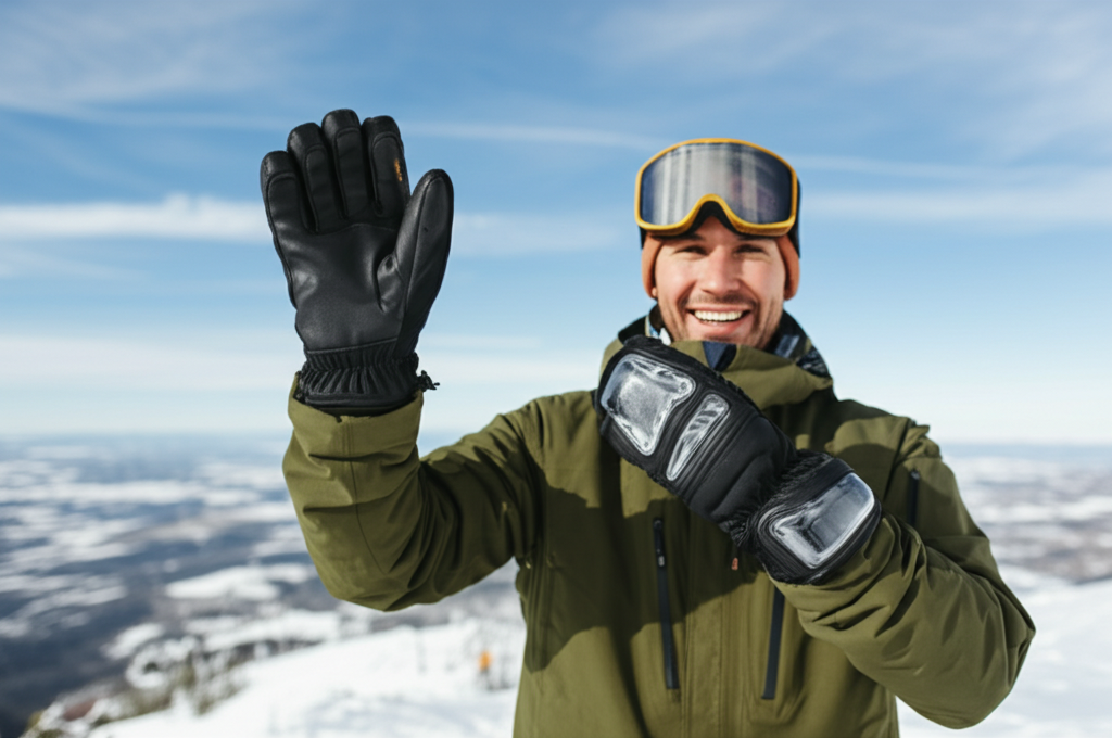 best snowboarding gloves with wrist guards - A snowboarder wearing gloves with wrist guards sta