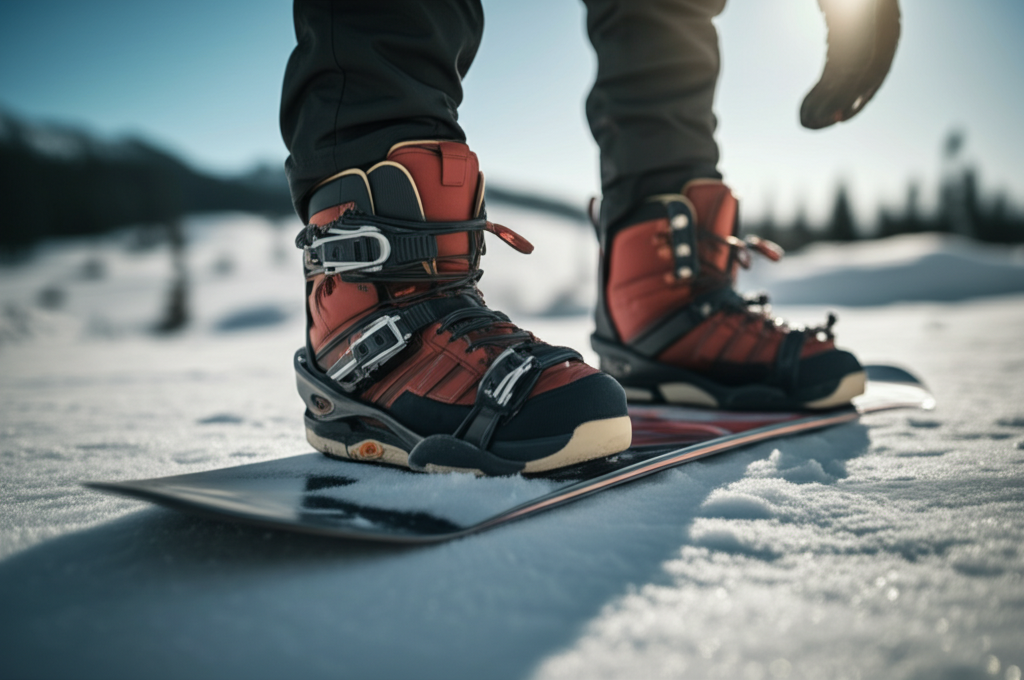 best female snowboarders of all time - A close-up shot of a snowboarder's boots strapped 