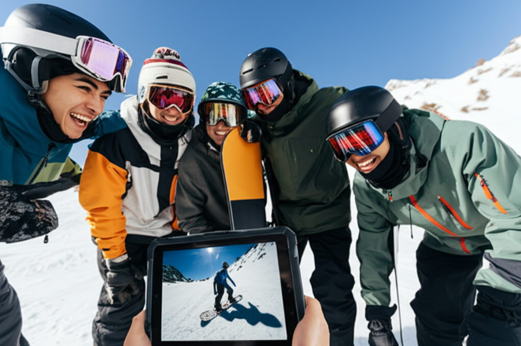 best 360 camera for snowboarding - Image Description: A group of snowboarders watchin