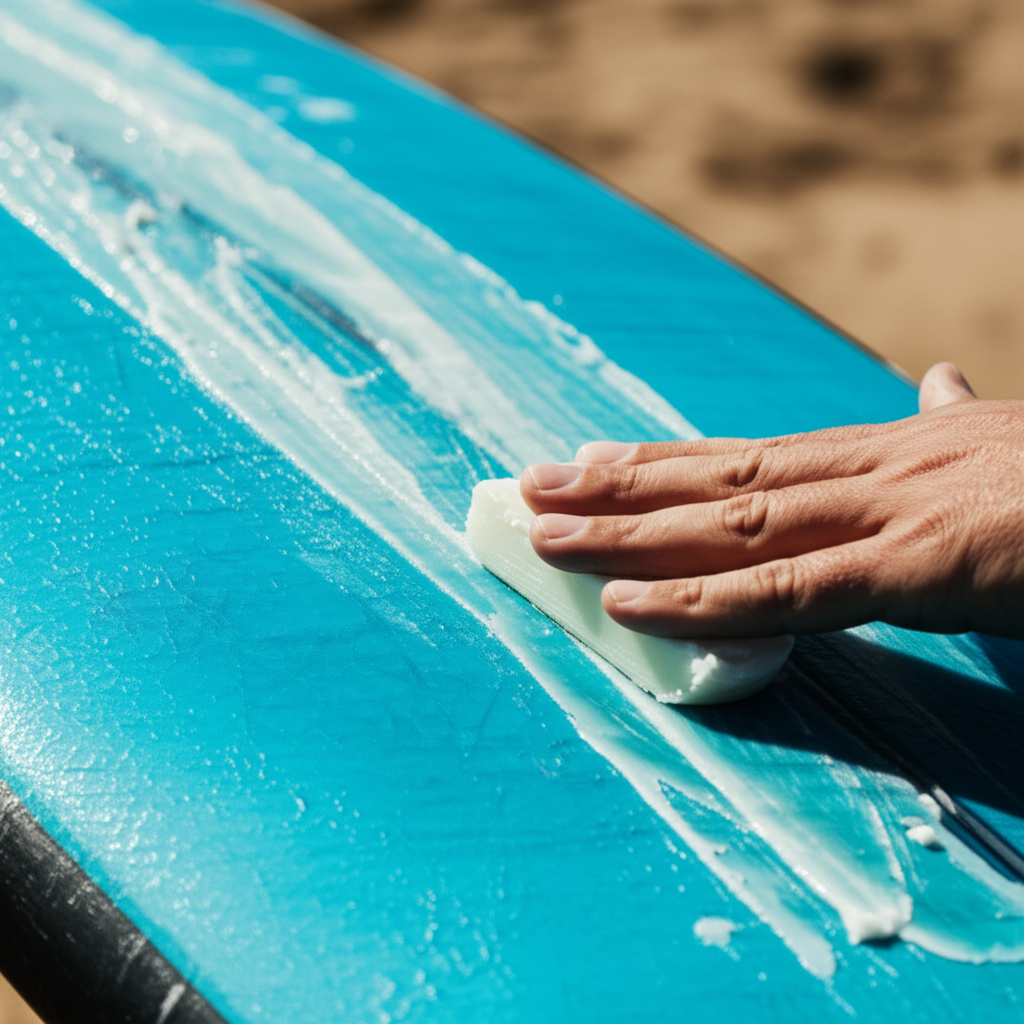 surfboard - A closeup shot of surfboard wax being applied to the deck of a surfboard