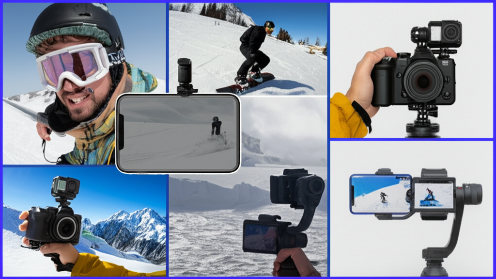 best camera for snowboarding - A collage of images showcasing different camera se