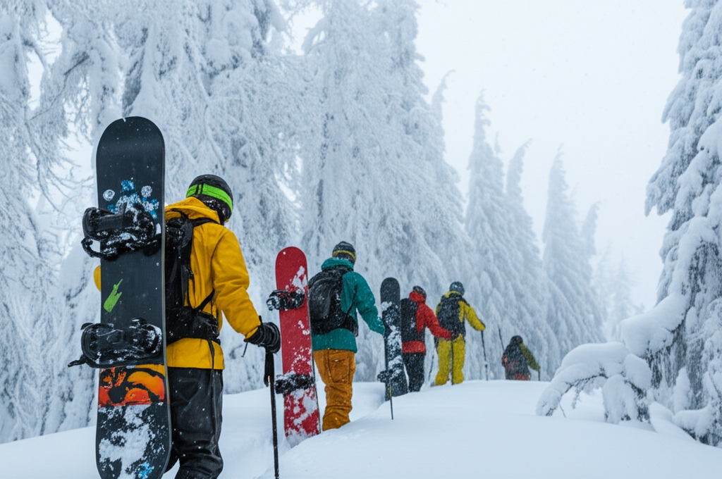 best japanese snowboarders - A group of Japanese snowboarders hiking through a 