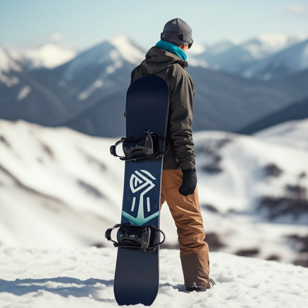 when is the best time to buy a snowboard - A snowboard leaning against a snowy backdrop with 