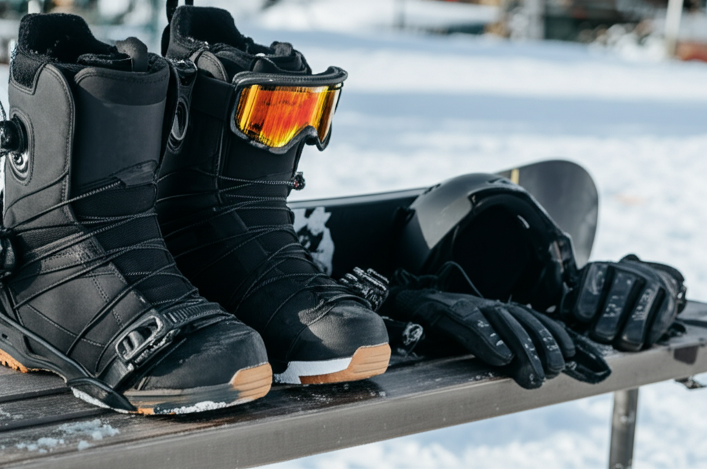 best snowboarding in virginia - Close-up shot of a snowboarder's gear: boots, bind