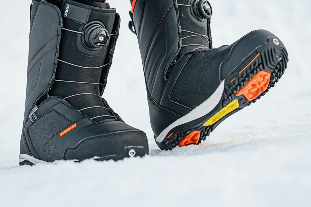 best snowboard boots for wide feet - A person's feet inside snowboard boots, showcasing