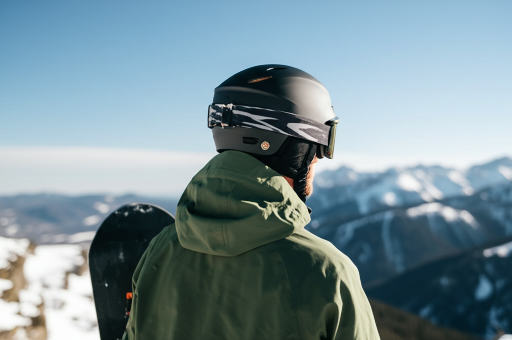 best snowboard helmets 2025 - A snowboarder is seen from behind, standing at the