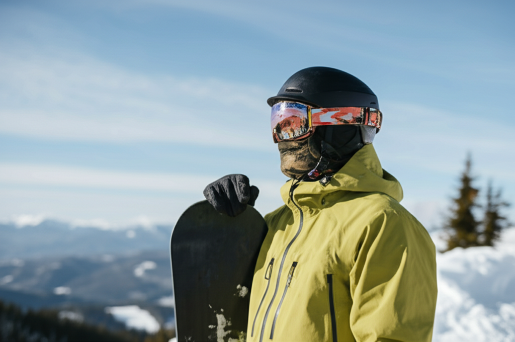 best snowboard wrist guards - A snowboarder standing at the top of a mountain, w