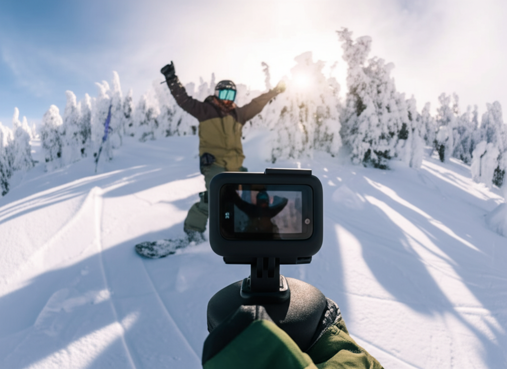 best gopro mount for snowboarding - A snowboarder celebrating a successful run with a 