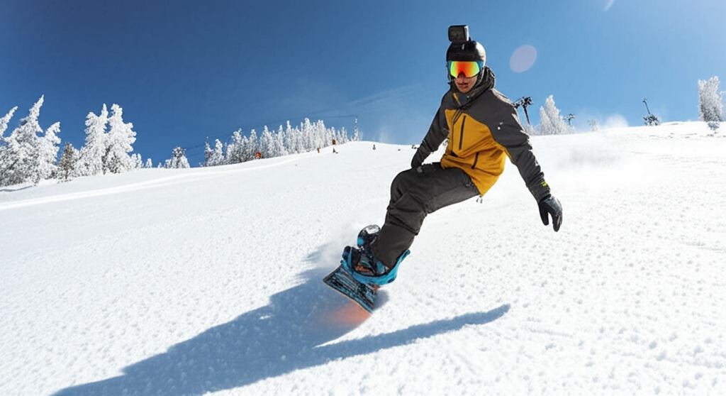 best 360 camera for snowboarding - Image Description: A snowboarder carving down a sn