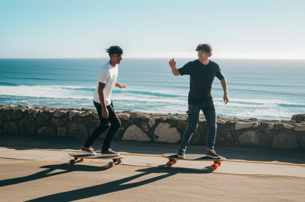 surfskate carver - Two friends enjoy riding their Carver surfskates sidebyside on a coastal path demonstrating the f
