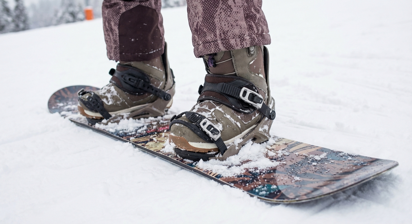 Female snowboarder strapped in