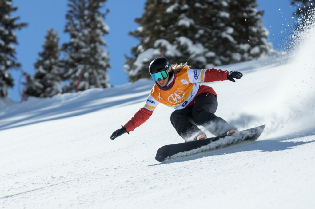 best female snowboarders of all time - A snowboarder carving down a snowy mountain slope,