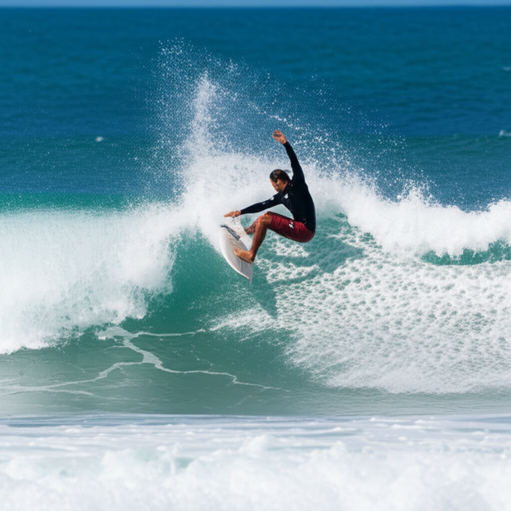 surfboard - A surfer successfully riding a wave on a performance shortboard showcasing a turn