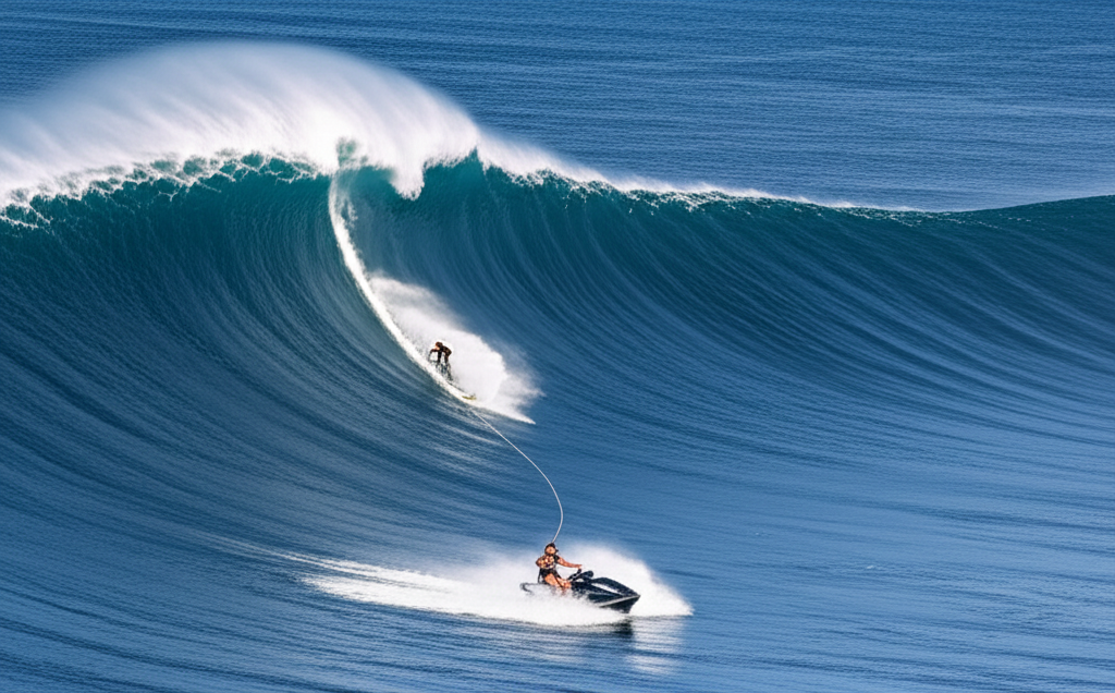 big wave surfing - A jet ski races across the water illustrating the towin technique used in big wave surfing