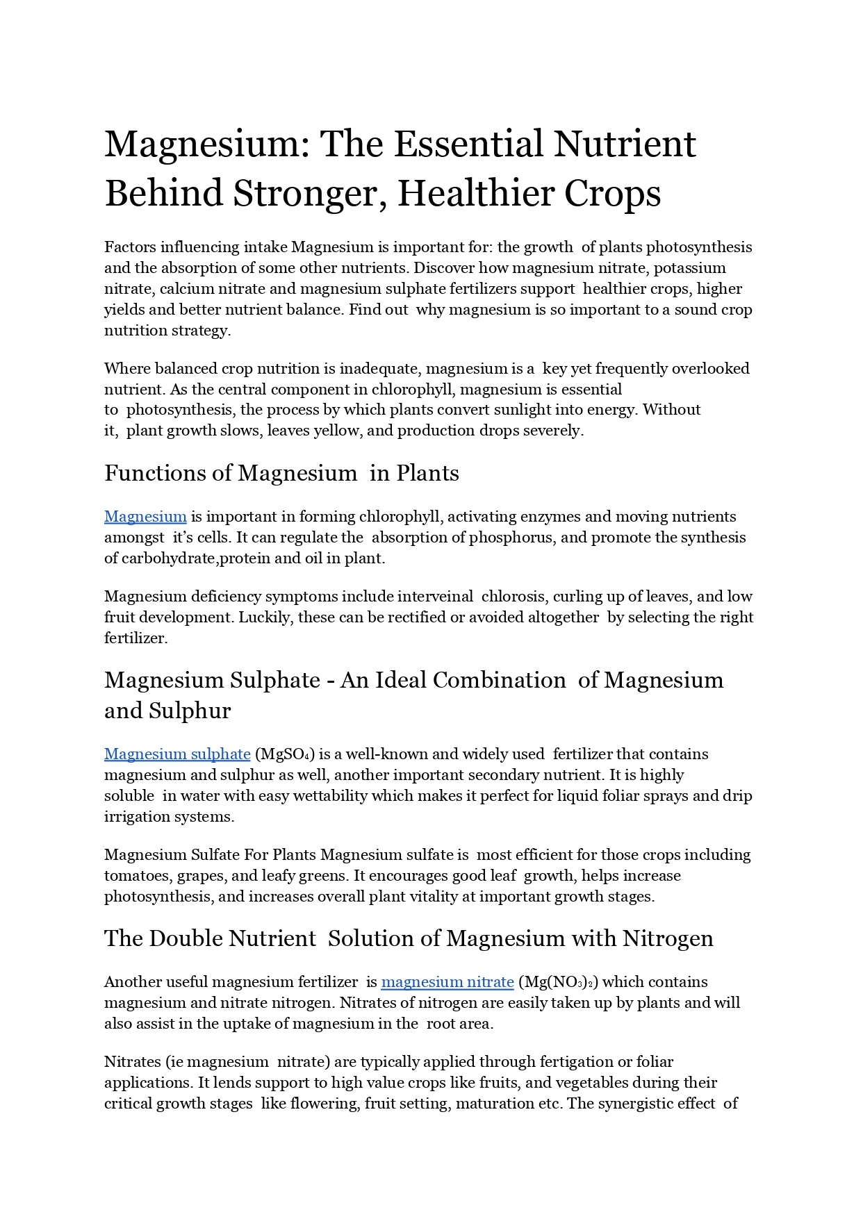 Magnesium: Essential Nutrient Stronger, Healthier Crops