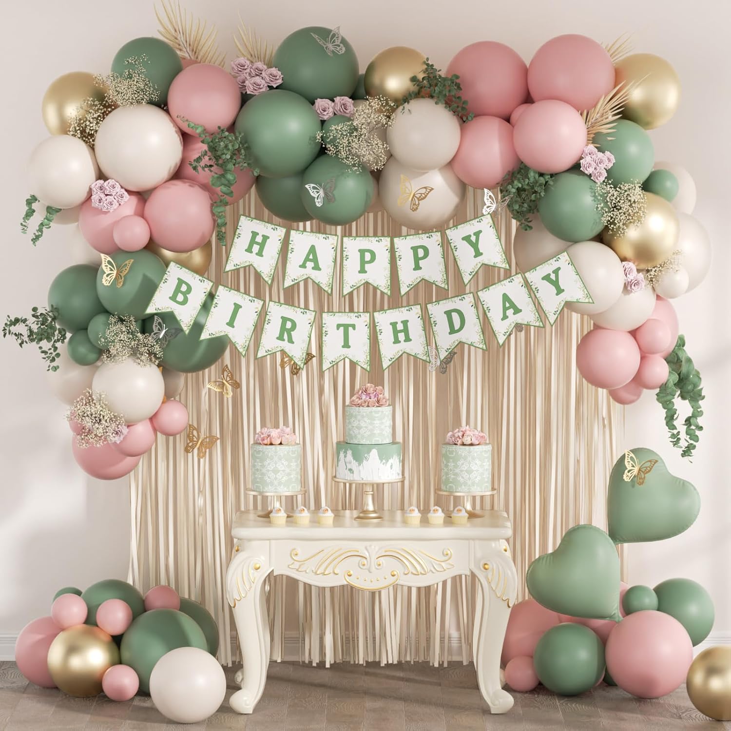 Pink and Sage Green Birthday Decorations with Light Pink 