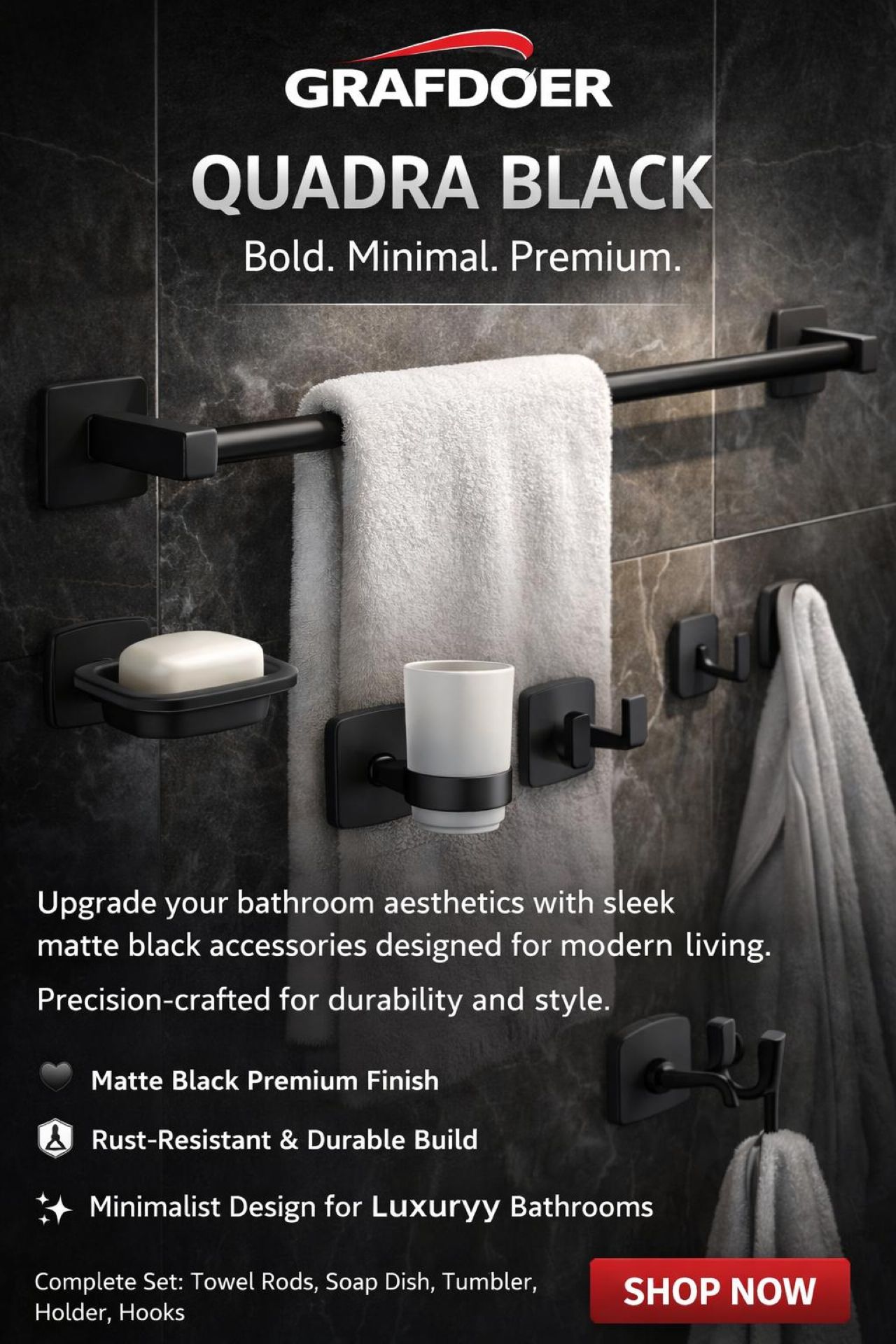 Quadra Black Bathroom Accessories by Grafdoer