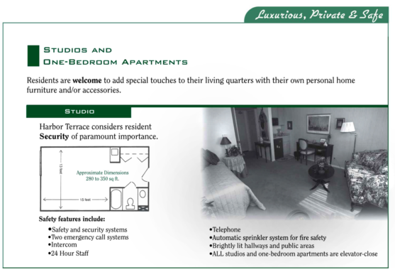 Harbour Terrace Retirement Community: Spacious Studio and One-Bedroom Suites Floor Plans