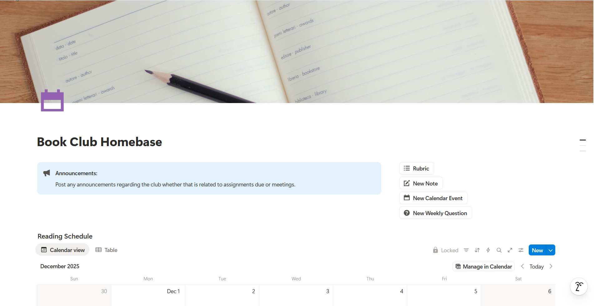 Book Club Homebase Notion Template