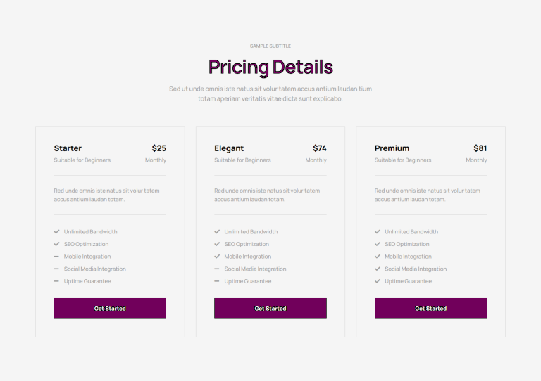 Pricing Table - c1898